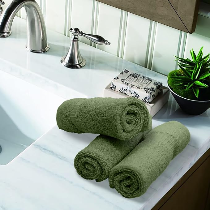 Luxury Hotel & Spa Collection, 100% Turkish Cotton 700 GSM Cloth, for Body wash, Makeup Remover & Facial Cleaning, Baby, face, Dobby Border Soft washcloths Towel Set 13" X 13", Moss, Set of 6