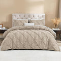 Litanika Khaki Pinch Pleat Duvet Cover Queen(90x90Inch), 3 Pieces(1 Duvet Cover, 2 Pillowcases) Luxurious Pintuck Bedding Set, Soft Microfiber Duvet Cover with Zipper Closure & Corner Ties