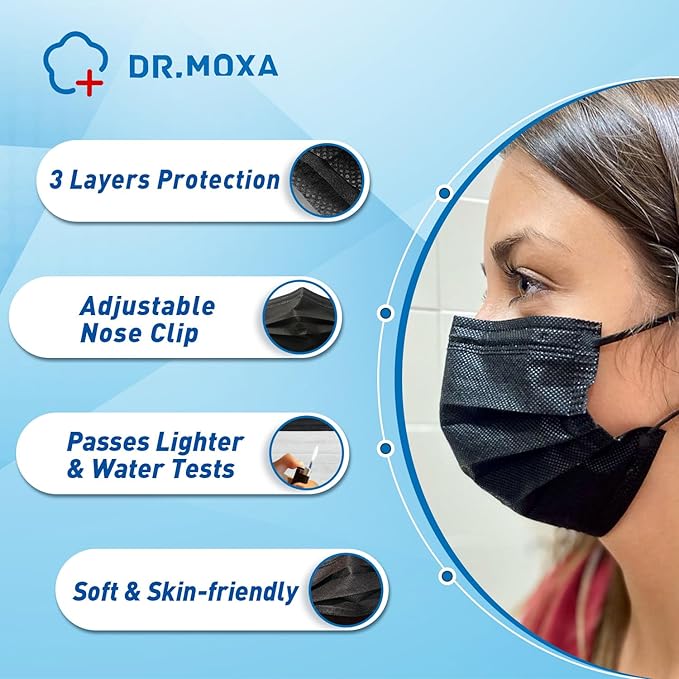 DR.MOXA 1000Pcs Black Disposable Medical Face Mask (10 Boxes, 100pcs/Box) 3-Ply Protection Face Mask for Adults
