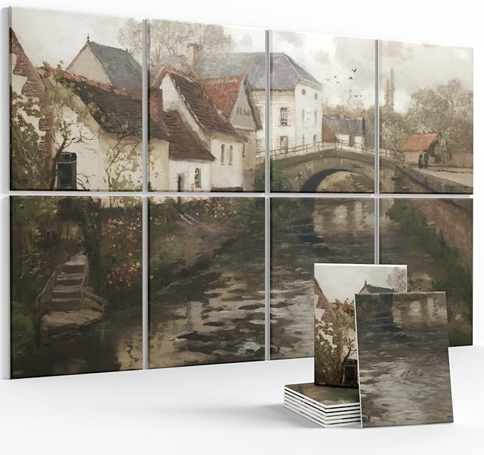 Wall Art Acoustic Panels,47''X31''Soundproof Wall Panels-8-Pack with 50 Adhesive Tabs, Panels for Living Room and Recording Studio, Offices-Small Town Near La Panne