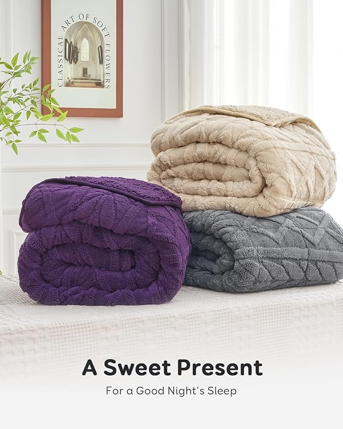 Sivio Weighted Blanket Queen Size 15 lbs for Adults, Sherpa Fleece Weighted Blanket Jacquard Heavy Blanket for Sleeping, Reversible Super Soft Warm Cozy Fluffy Blanket for Adult, 60 x 80inch, Purple