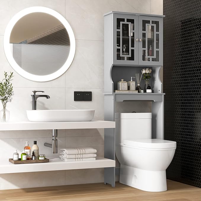 Giantex Over-The-Toilet Storage Space Saver, Bathroom Organizer with Cabinet and Shelf, Above Toilet Standing Rack (Gray)