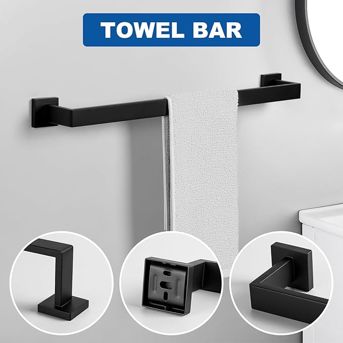 Cilee 15-Pieces Bathroom Hardware Set - Matte Black Bathroom Accessories, 24 Inch Towel Bar, Square Towel Ring, Toilet Paper Holder, Towel Hook, Wall-Mounted Stainless Steel Towel Bar Rack Set