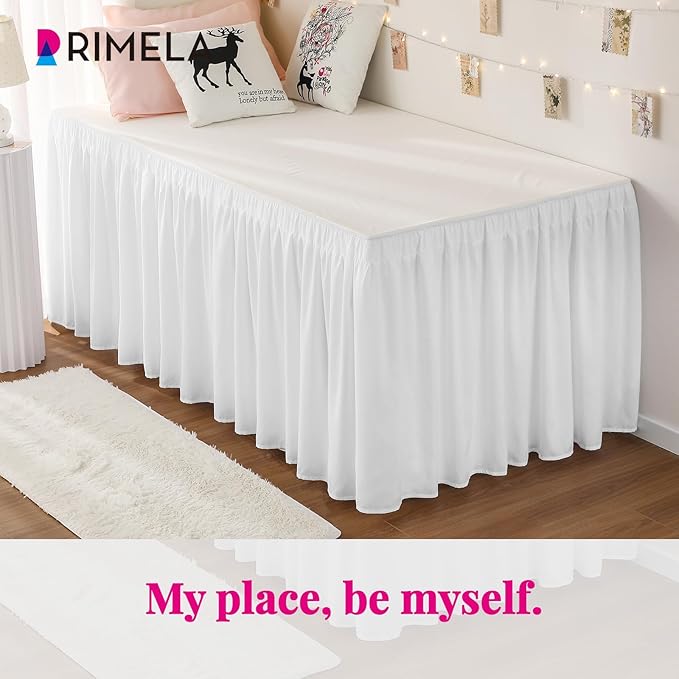 RIMELA Dorm Bed Skirt Twin XL 42 Inch Drop, Easy to Install Extra Long Wrap Around Elastic Dust Ruffle, White Bedskirt Solid Silky Fabric Machine Washable (Twin XL 80“L x 39”W & Twin 75“L x 39”W)