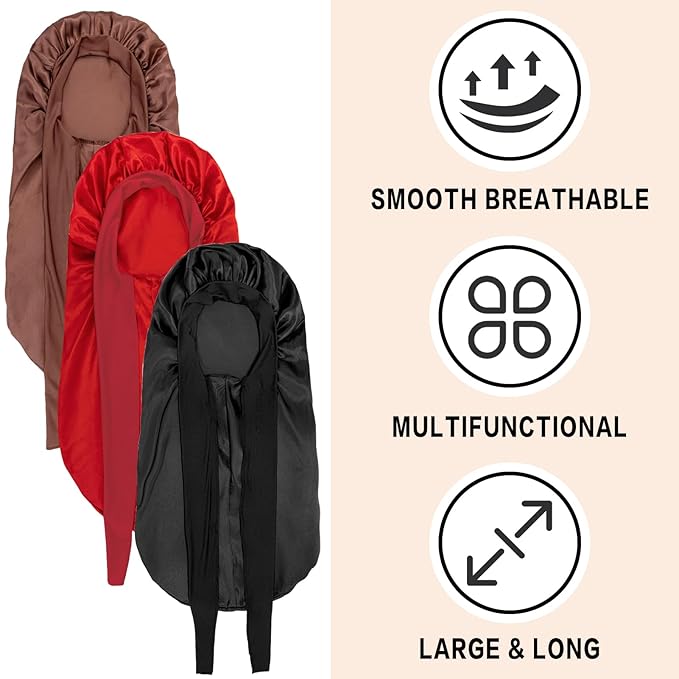 3Pcs Bonnets for Black Women Braid Bonnet, Large Long Satin Bonnet for Braids Sleeping, Black Women Satin Silk Bonnet (3Pcs-Black & Brown & Red)