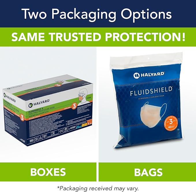 HALYARD FLUIDSHIELD Level 3 Disposable Face Mask with SO SOFT Earloop Mask, Made in the Americas, Level 3, 28797