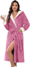 Ekouaer Womens Plush Robes Long Soft Jacquard Fluffy Bathrobe Hooded Robe Sleepwear with Pockets