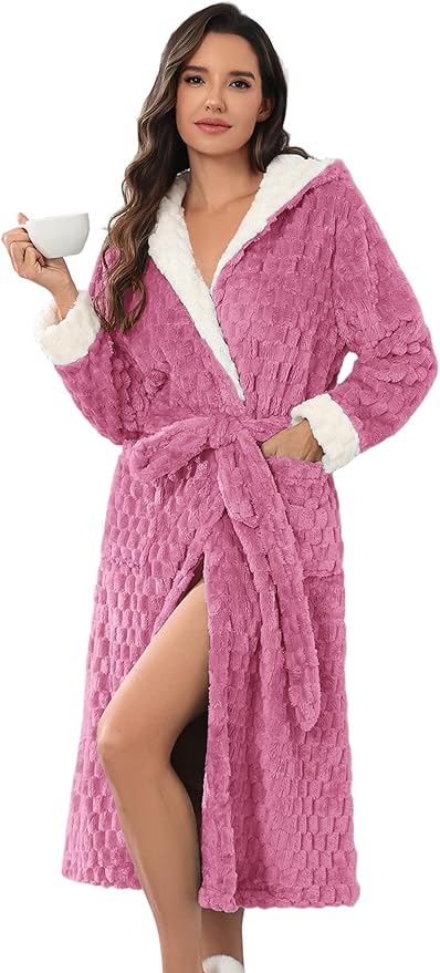 Ekouaer Womens Plush Robes Long Soft Jacquard Fluffy Bathrobe Hooded Robe Sleepwear with Pockets