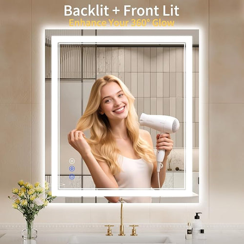 32"x36" LED Bathroom Mirror with Lights, Anti-Fog, Backlit + Front Lit, Dimmable, Led Vanity Mirror for Wall, Lighted Bathroom Mirror, 3 Colors, Shatter-Proof Tempered Glass