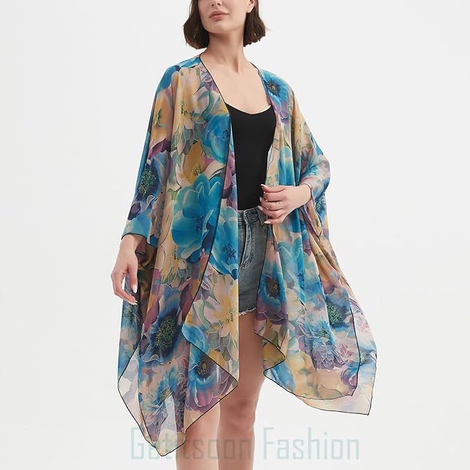 Women's Bohemian Floral Chiffon Beach Cover up Swimsuit Kimono Summer Swimwear Cardigans