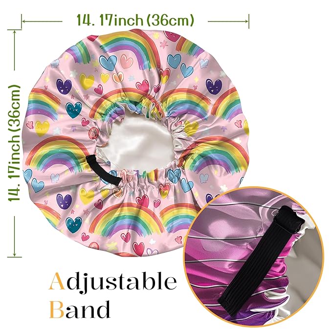 2 PCS Bonnets for Women Girls Satin Hair Bonnet Silk Adjustable Elastic Double Layer Hair Wrap Sleep Cap Comfort Cute-Rainbow Heart