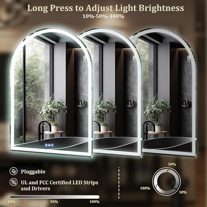 BEAUTYPEAK LED Arch Bathroom Mirrors with Lights, 34x30 Arch Mirror with Metal Frame, Anti-Fog,LED Mirror with Front Light and Backlit, Memory Function for Bathroom, Dressing Room