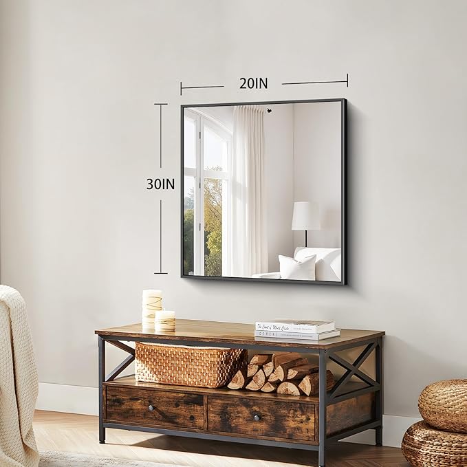 Koonmi Black Framed Bathroom Mirror - Shatterproof 30"x20" Tempered Glass, HD No Distortion, Horizontal/Vertical Mount, Modern Matte Aluminum Alloy Frame