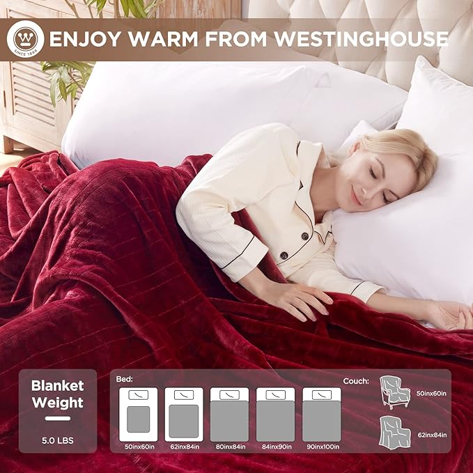 Westinghouse King Size Electric Heating Blanket, 10 Levels, Auto Shut Off, Fast Heating, Machine Washable (King, 100x90 Inches, Wine Red)