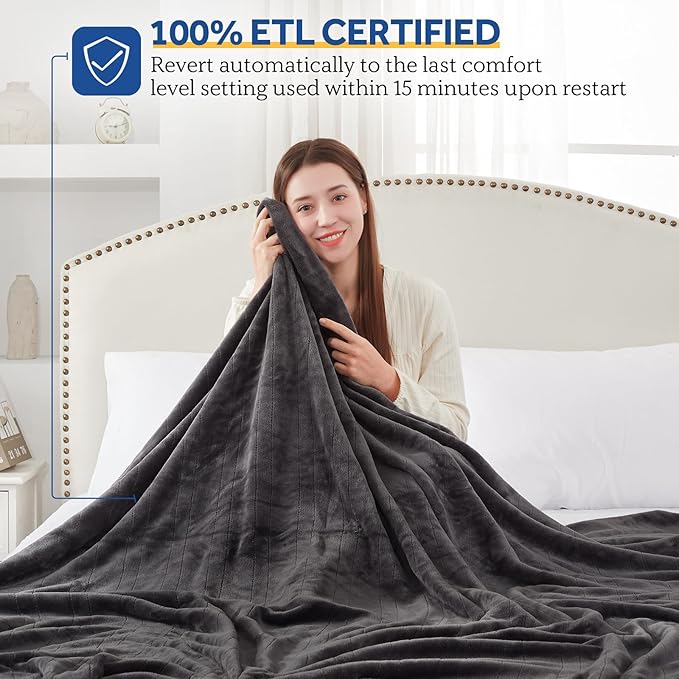 SEALY Electric Blanket King Size, Flannel Heated Blanket with Dual Controller, 10 Heat Setting & Auto Shut Off for Bed & Living Room - Grey, 100 x 90 Inch