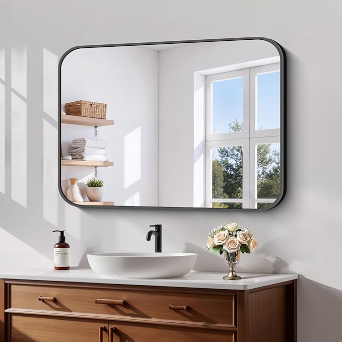 Koonmi Black Framed Bathroom Mirror - 24x36 Inch Shatterproof Tempered Glass Vanity Mirror for Bathroom Sink, Wall Mounted with Matte Aluminum Alloy Frame, No Distortion, Modern Decor