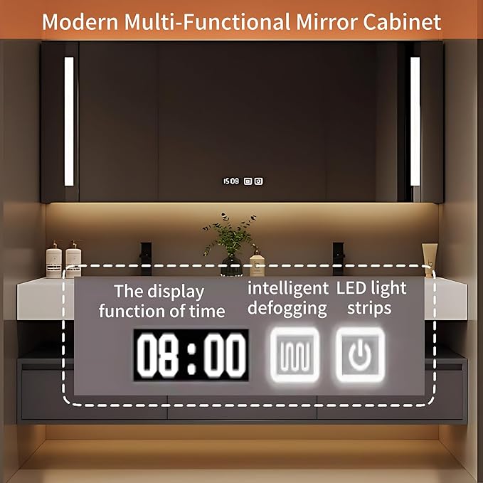 68IN Bathroom Vanity Double Sink - Double Sink Bathroom Vanity Set Include Smart Defogging Bathroom Mirror Cabinet with LED Light Strips, Abundant Storage Space with 3 Drawers (Mirror)