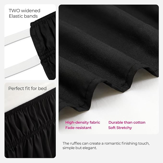 RIMELA Dorm Bed Skirt Twin XL 36 Inch Drop, Easy to Install Extra Long Wrap Around Elastic Dust Ruffle, Black Bedskirt Solid Silky Fabric Machine Washable (Twin XL 80“L x 39”W & Twin 75“L x 39”W)