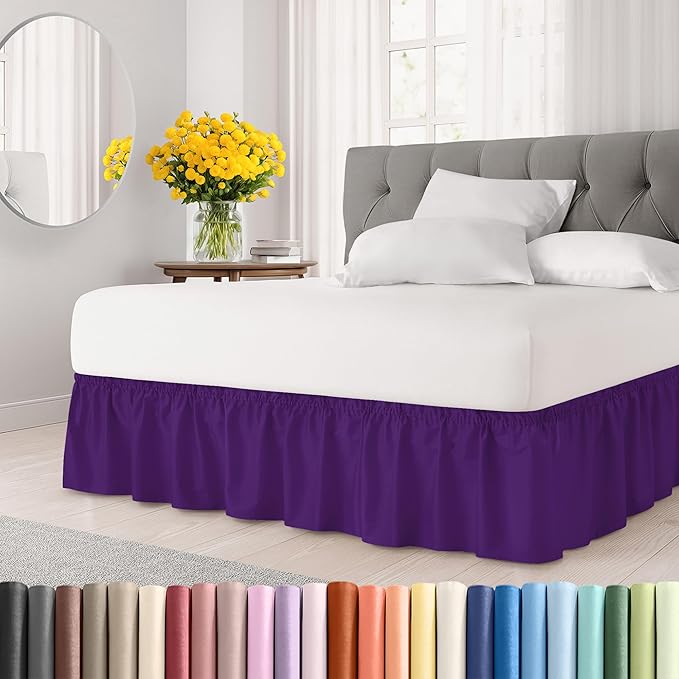 Wrap Around Dust Ruffle Bed Skirt - Purple - for Full Size Beds with 18 Inch Drop - Easy Fit Elastic Strap - Adjustable Pleated Bedskirt w/Brushed Fabric - Wrinkle Free - for Women, Men, Kids & Teens