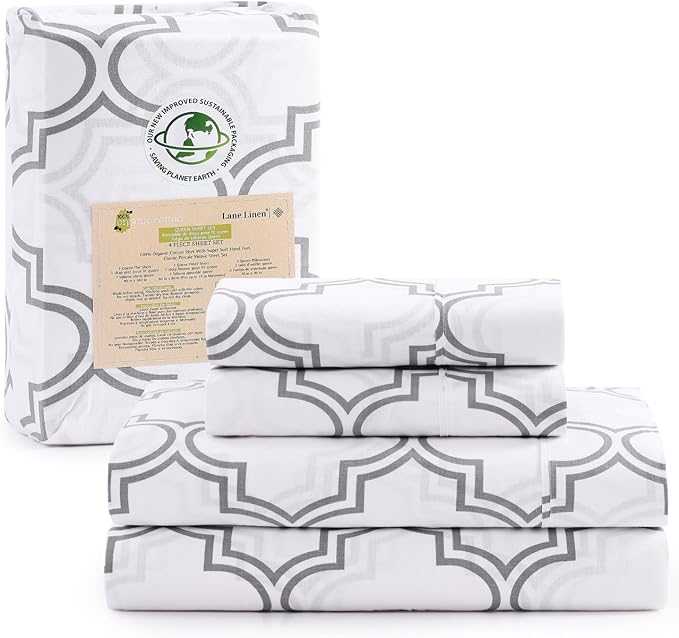 LANE LINEN 100% Organic Cotton Twin XL Sheet Set, Low Pilling Printed Fade Resistant Machine Washable Extra Long Twin Bedding Set, Soft & Comfy Printed Cotton Sheets - Trellis