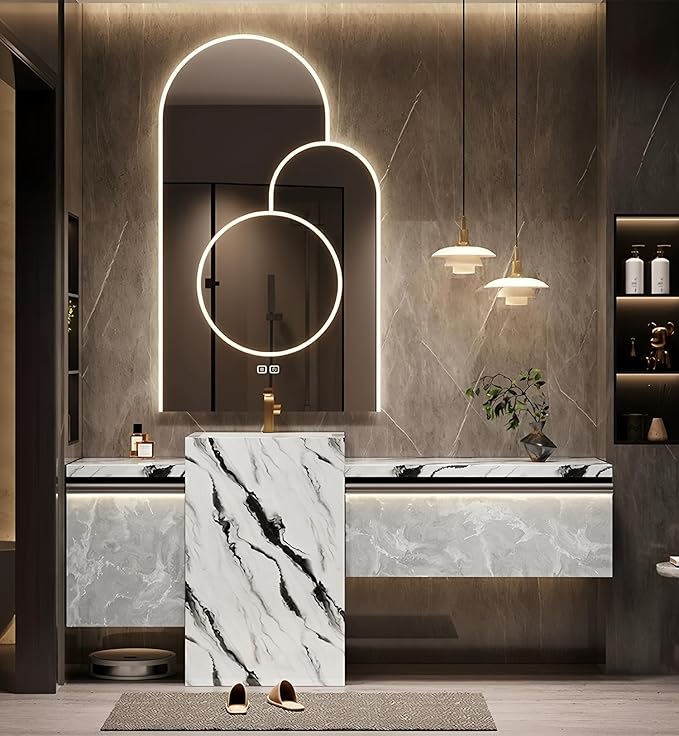 Single Sink Freestanding Bath Vanity, Modern Bath Vanity with LED Smart Mirror, 60IN Solid Wood Floating Bathroom Sink Cabinet with Marble Slate Top and Large Storage Drawer