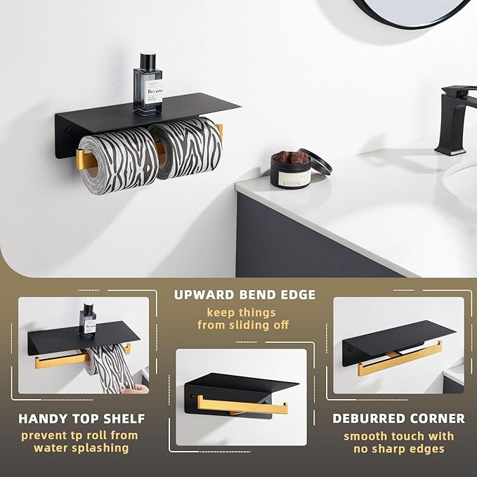 Angle Simple Double Toilet Paper Holder with Shelf, 304 Stainless Steel Bathroom Toilet Tissue Roll Holder for Wall Black and Gold