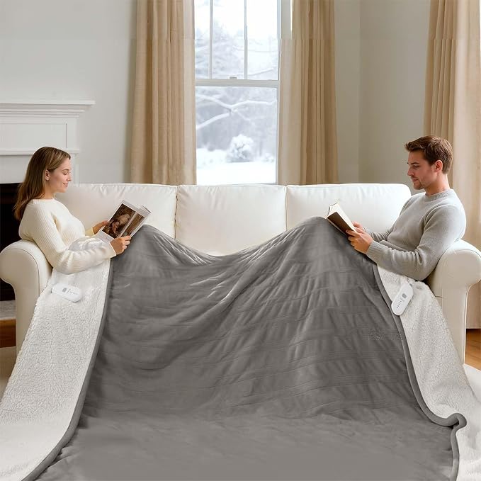 King Size Electric Blanket with Dual Control - Washable Heated Blanket King with 5 Heat Levels, 10 Hrs Auto Off, Overheat Protection, Flannel Sherpa Heating Blanket 100" x 90", Grey