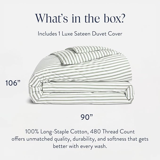 Brooklinen Luxury Sateen Duvet Cover - 100% Cotton, King/California King Size in Green Tandem Stripe with Extra-Long Corner Ties and Button Closure - Best King/Cali King Duvet Covers