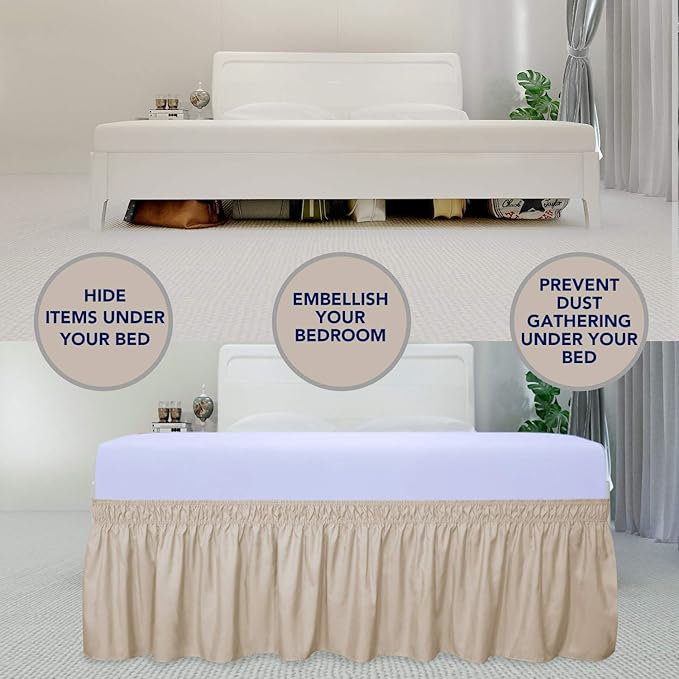 PureFit Wrap Around Ruffled Bed Skirt with Adjustable Elastic Belt - 18 Inch Drop Easy to Put On, Wrinkle Free Bedskirt Dust Ruffles, Bed Frame Cover for Twin, Twin XL and Full Size Beds, Beige