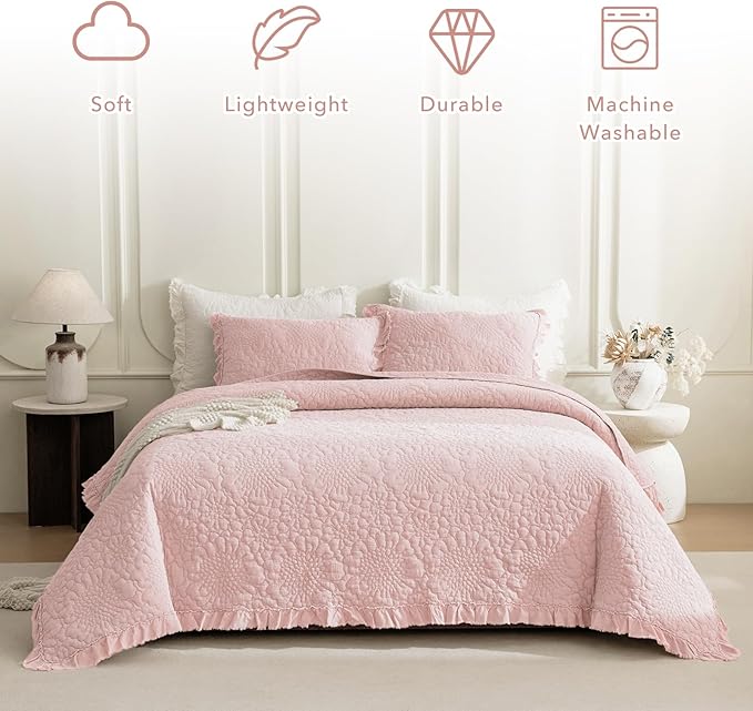 QSH 3PCs Blush Ruffled Quilt Queen Size (90"x98"),Stonewashed Cotton Quilt Set,Ultra Soft Lightweight Crinkled Bedspread Coverlet Queen Shabby Farmhouse Chic Bedspreads Bed Set with Pillow Shams
