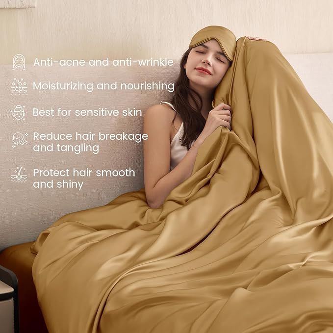 THXSILK 100% Pure Mulberry Silk Duvet Cover Set 3 Piece, 6A+ Grade Luxury Soft Bedding Silk Sheets for Hair and Skin, 1 Pcs Quilt/Comforter Cover with 2 Zippered Pillowcases (Metallic Gold, King)