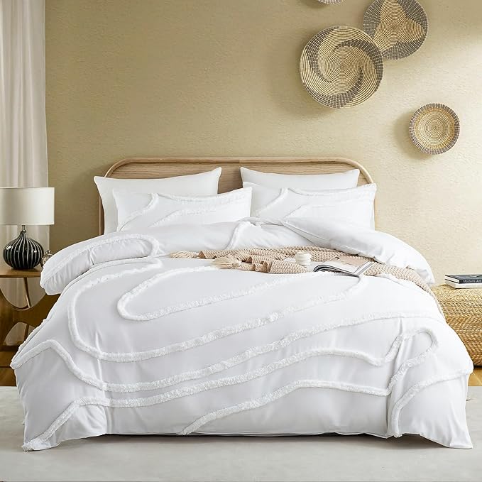 Cupocupa Queen Comforter Set Beige Tufted Comforters Sets Bedding for Queen Bed 3PCS Boho Comforter Soft Fluffy Lightweight Comforter with 2 Pillow Cases for All Season