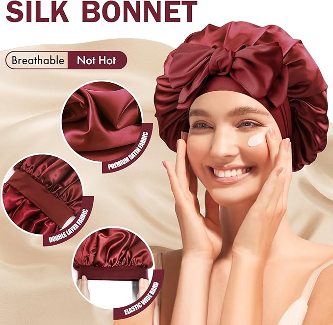 Silk Bonnet for Sleeping Women, Adjustable Soft Satin Lined Bonnet with Tie Band, Double Layer Sleep Night Cap