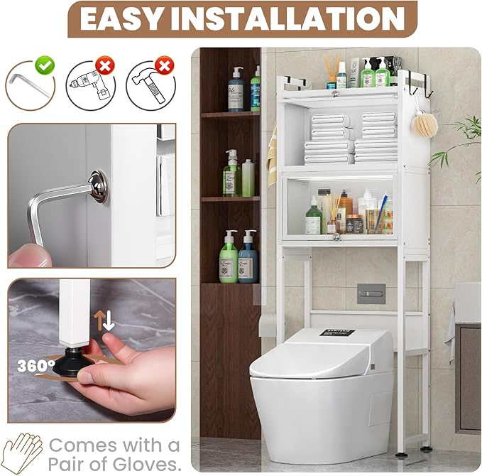 ZZL Over The Toilet Storage Cabinet,3-Tier,Bathroom Toilet Organizer,Waterproof, Cabinet Door Design,Freestanding Space Saver with 4 Hooks for Bathroom,White