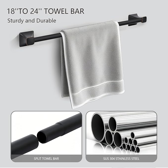 Matte Black Bathroom Hardware Set 5-Pieces, SUS304 Stainless Steel Bath Towel Bar Set Wall Mounted, Including Hand Towel Bar,Towel Ring, Toilet Paper Holder, 2Pcs Robe Towel Hook