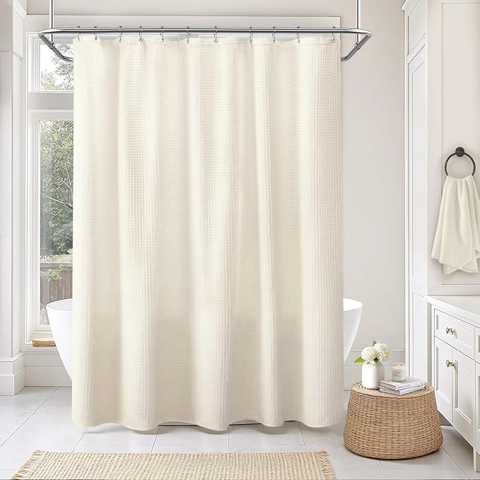 Extra Long Waffle Shower Curtain - Ivory Cotton Texture Fabric Heavyweight Shower Curtain for Bathroom,72Wx90L