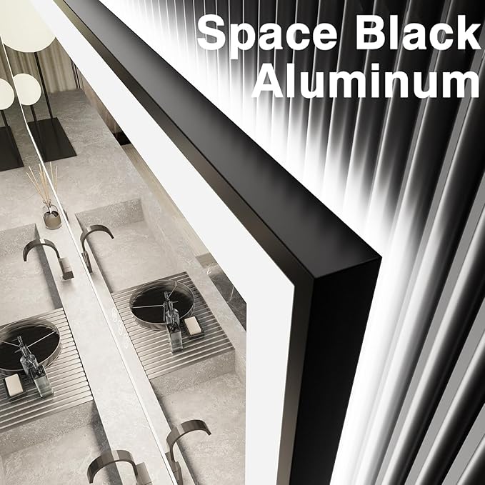 73x40 Lighted Mirrors for Bathroom Wall, Modern Rectangle Matte Black Mirror, Tempered Glass，Double Lights, 3 Colors Dimmable Temperature, IP54 Enhanced Anti-Fog, Memory (Horizontal/Vertical)