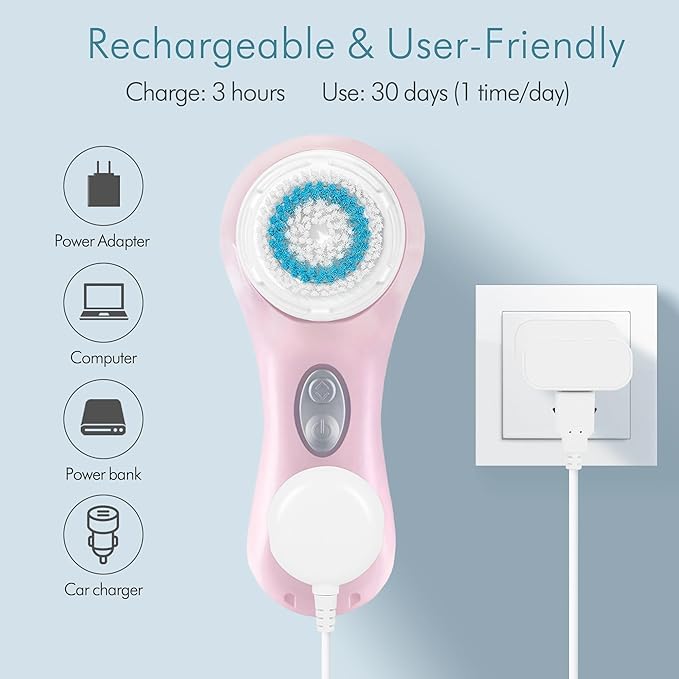 Microtree Facial Cleansing Brush Rechargeable, Sonic Vibrating System, 2 Speeds for Gentle Clean, Face Brushes for Cleansing, Electric Waterproof Portable Travel Face Scrubber