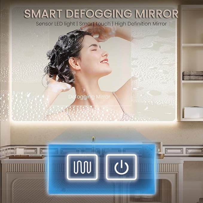 Floating Bathroom Vanity with Sink, Modern Bathroom Vanity with LED Smart Defogging Mirror Cabinet and Open Shelf, Bathroom Sink Cabinet with Striped Glass Door and Drawer Storage (Milk White,64IN)