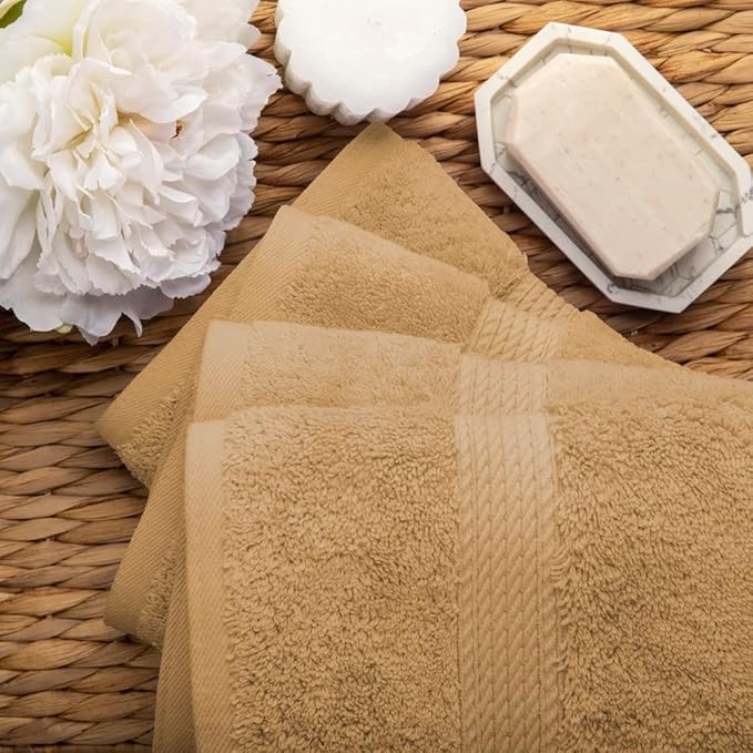 Superior Egyptian Cotton Pile Hand Towel Set of 4, Ultra Soft Luxury Towels, Thick Plush Essentials, Absorbent Heavyweight, Guest Bath, Hotel, Spa, Home Bathroom, Shower Basics, Toast