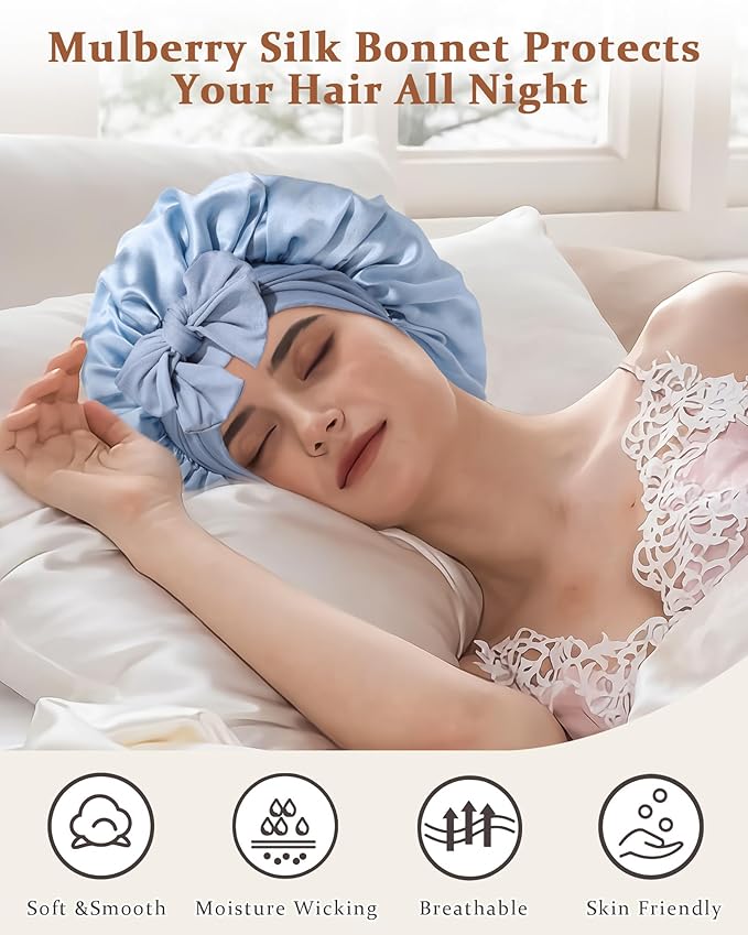 100% Mulberry Silk Bonnet for Sleeping Women Double Layer Silk Hair Bonnet Natural Silk Sleep Cap with Elastic Reversible Hair Wrap (Haze Blue + Sky Blue)