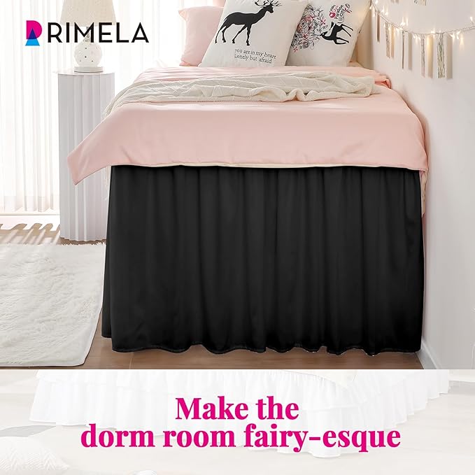 RIMELA Dorm Bed Skirt Twin XL 25 Inch Drop, Extra Long Wrap Around Elastic Bed Skirts Easy to Put On Twin Size Dust Ruffle, Black Bedskirt for Adjustable Bed Base Solid Silky Fabric Machine Washable