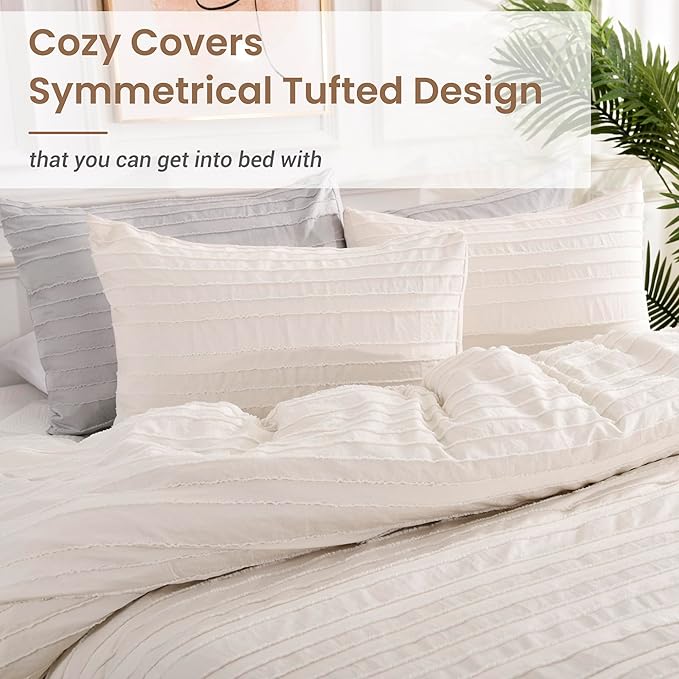 NEXHOME PRO Duvet Cover Full Size, Light Khaki 3 Pieces Boho Tufted Duvet Cover Set, Soft and Lightweight Microfiber Comforter Cover Set for All Season (Light Khaki Full, 80 x 90)-No Comforter