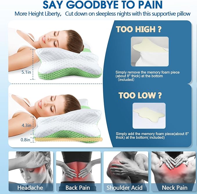 Memory Foam Pillow, Cervical Pillow for Neck and Shoulder Pain Relief, Ergonomic Contour Bed Pillow, Soft for Side Sleep Stomach Sleeping and Back Sleeper