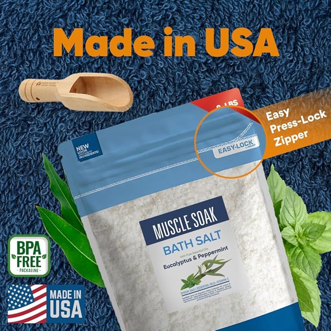 Muscle Soak Bath Salt 128 Ounces Epsom Salt with Natural Peppermint and Eucalyptus Essential Oils Plus Vitamin C in BPA Free Pouch with Easy Press-Lock Seal