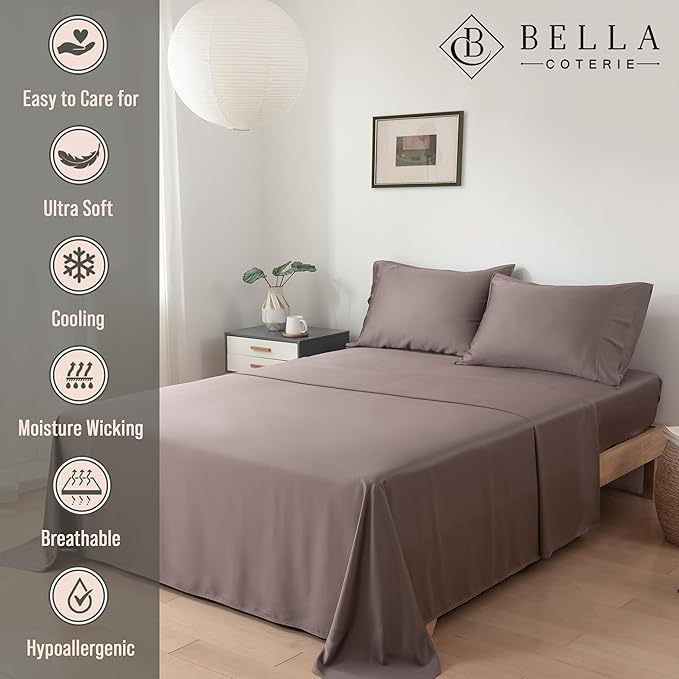 Bella Coterie Luxury Bamboo Viscose Full Size Sheet Set | 100% Organically Grown | Ultra Soft | Cooling for Hot Sleepers | 18" Deep Pocket [Mocha]