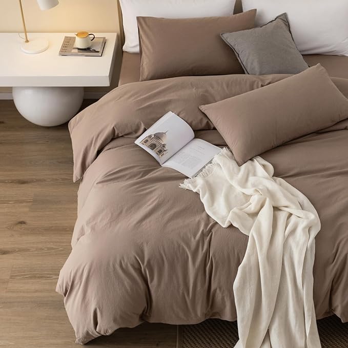 JIYUAN 100% Washed Cotton Duvet Cover Set 3 Pieces Super King, 1 Duvet Cover 108x98 Inches(Comforter Not Included) and 2 Pillowcases,Linen Feel Bedding Set Comfy and Breathable,Light Brown