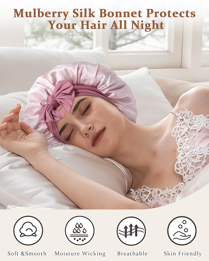 100% Mulberry Silk Bonnet for Sleeping Women Double Layer Silk Hair Bonnet Natural Silk Sleep Cap with Elastic Reversible Hair Wrap (Bean Paste + Light Pink)