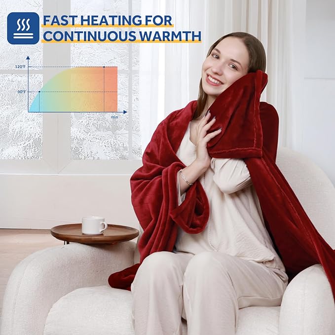 Sealy Heated Blanket Electric Throw 50"x60", Soft Double Flannel Electric Blanket with 6 Heat Levels & 2-10 Hours Auto Shut Off, Machine Washable, Even Heat Distribution, Red