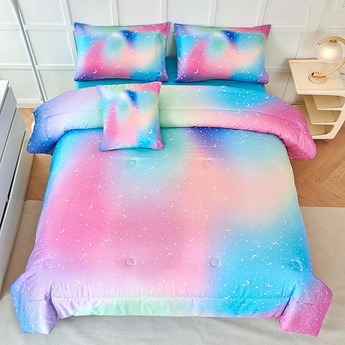 URBONUR 6Pcs Comforter Set for Girls Full Size Colorful Rainbow Bedding Set Galaxy Star Printed Kids Bed Sets for Full Bed, Ultra Soft Comforters with Sheet Set